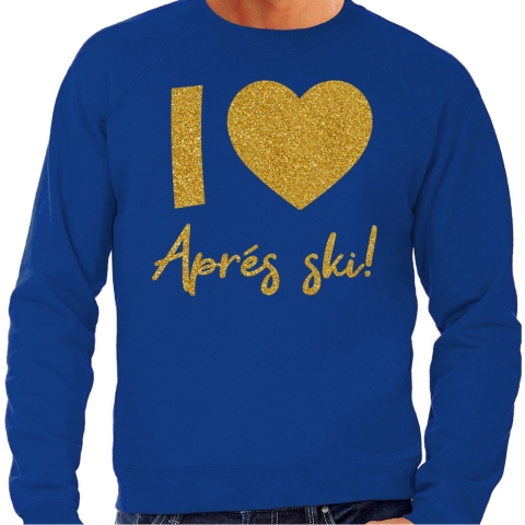 Apres ski sweater heren - I love Apres ski - blauw - glitter goud - wintersport - skieen L -