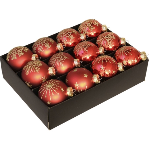 Luxe kerstballen - gedecoreerd - 12x st - rood - D7,5 cm - glas - kerstversiering -