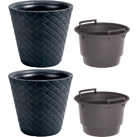 2x Kunststof Matuba rotan bloempotten/plantenpotten antraciet 50 cm inclusief binnenpot -