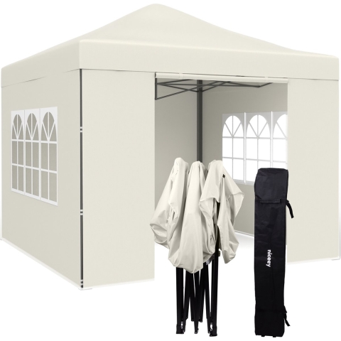 Niceey Partytent - 3x3m - Paviljoen - Opvouwbaar en Waterdicht - Feesttent met Zijwanden - Tuintent - Easy Up - Draagtas met Wielen - Beige