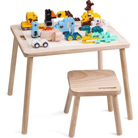 Premium Massief Houten Bouwtafel Set + Triple Bonus Compatibel met LEGO&DUPLO - Kindertafel + Stoeltje - Blokkentafel - Speeltafel - Knutseltafe