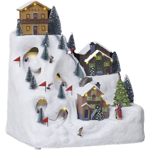 Kerstdorp kerst tafereel - skipiste - met verlichting, muziek, beweging - 34,5 cm - polyresin -