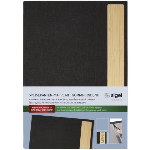 Sigel SM220 Menumap DIN A4 1 stuk(s) Incl. 2 dubbele transparante hoezen voor 8 paginas, Rubberen binding Donkergrijs, Beige