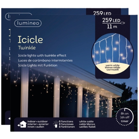 IJspegel verlichting - 2x - 259 led lampjes - warm wit - 1100 cm - kerstverlichting - timer -