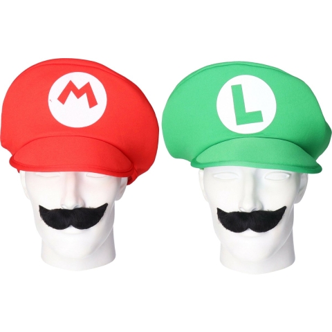 Loodgieter Mario en Luigi verkleed set - pet en snor - groen - gamer verkleed accessoires -