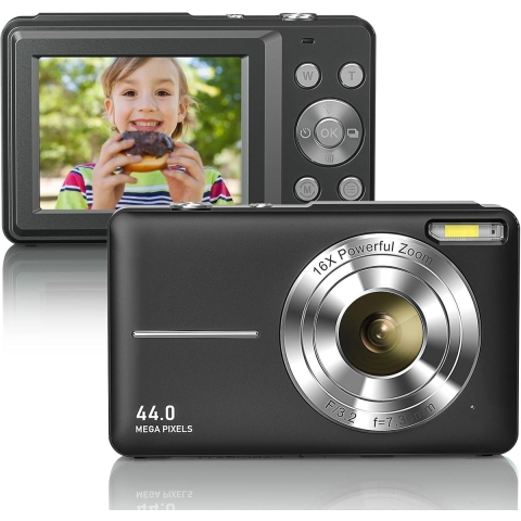 Digitale camera- Zwart- 32GB micro-geheugenkaart met 1 batterij- 16x zoom- 1080P compactcamera- 44MP