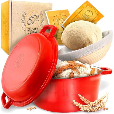 Potbrood bakken [incl. Gistingsmand] - Hoogwaardige geëmailleerde broodbakpan 26 cm rond