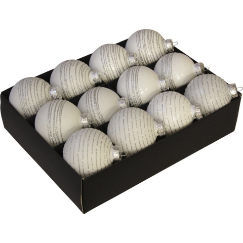 Luxe kerstballen - gedecoreerd - 12x st - wit - D7,5 cm - glas - kerstversiering -