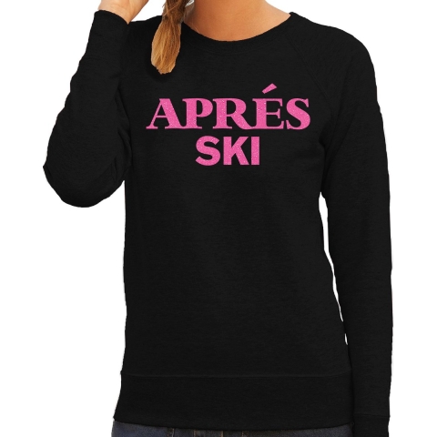 Apres ski sweater dames - Apres ski - zwart - glitter roze - wintersport - skieen/snowboarden XS -