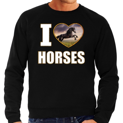 I love horses sweater / trui met dieren foto van een zwart paard zwart voor heren M -