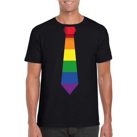 Zwart t-shirt met regenboog vlag stropdas heren S -