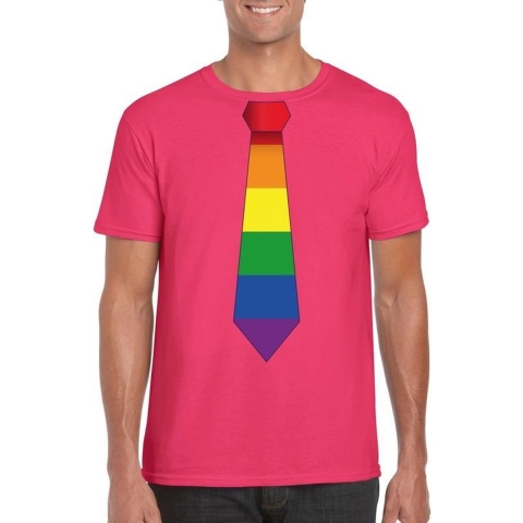 Roze t-shirt met regenboog vlag stropdas heren S -