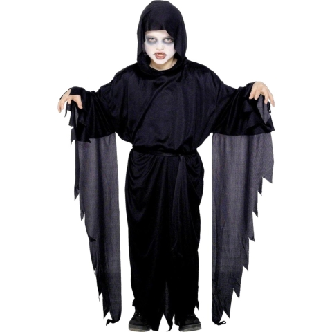 Halloween Scream verkleedkostuum voor kinderen - zwart - mantel - met capuchon 130-143 (7-9 jaar) -