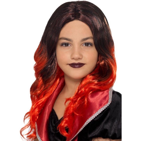 Lange zwart met rode meisjespruik met krullen -