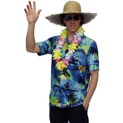 Faram Party Hawaii shirt - blauw - met palmbomen - verkleedkleding 50 (S) -
