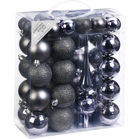 47x Antraciet/grijs tinten kunststof kerstballen 4-6 cm met piek -