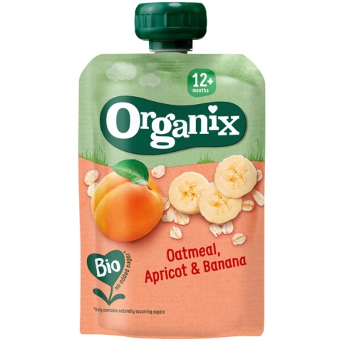Organix Knijpfruit Maandbox 12+ mnd - Havermout Abrikoos&Banaan 12 x 100 gr + Haver Appel&Banaan 12 x 100 gr + Appel Aardbei&Quinoa 6 x 100 gr Pakket