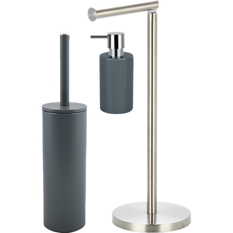 Badkamer accessoires set - WC-borstel/zeeppompje/rollenhouder - metaal/porselein - donkergrijs -