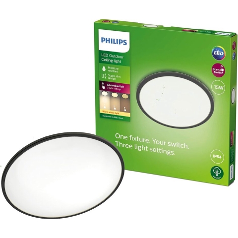 Philips - SuperSlim plafondlamp zwart Ø 25 cm 2.700 K IP54