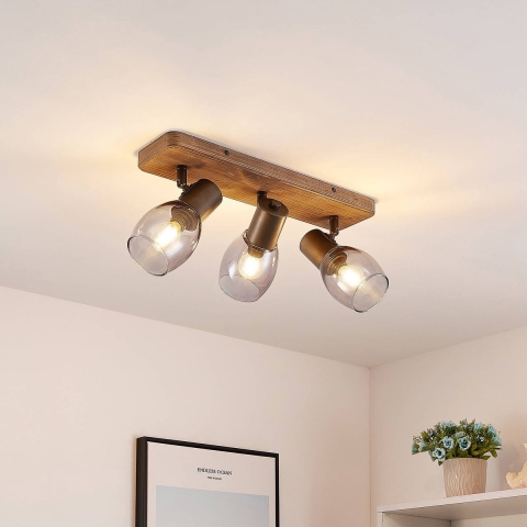 Lindby - Ineska 3 Square Plafondlamp Smoke/Wood