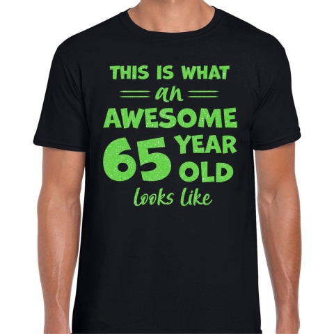 Cadeau T-shirt voor heren - leeftijd 65 jaar - awesome - zwart - glitter groen - Verjaardagsfeest 2XL -