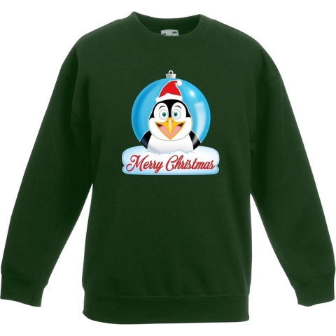 Kersttrui Merry Christmas pinguin kerstbal groen kinderen 5-6 jaar (110/116) -