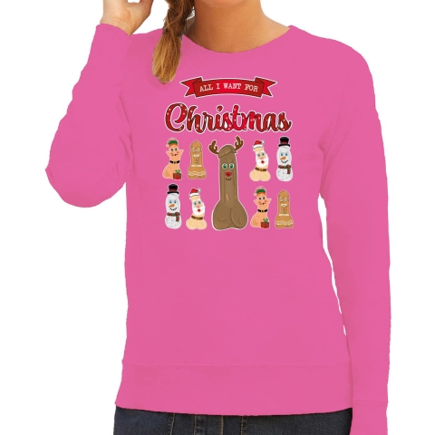 Foute Kersttrui/sweater voor dames - All I want for Christmas - roze - piemel/penis L -