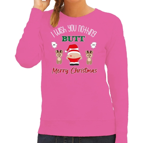 Foute Kersttrui/sweater voor dames - I Wish You Nothing Butt Merry Christmas - roze - Kerstman S -