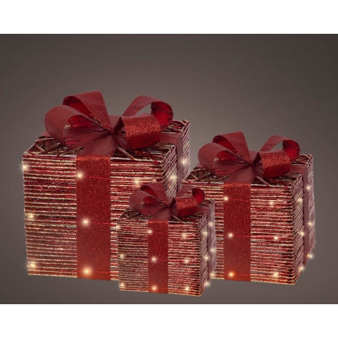 Warm wit 65 Micro-LED Set van 3 cadeaudozen papier met strik rood - Lumineo