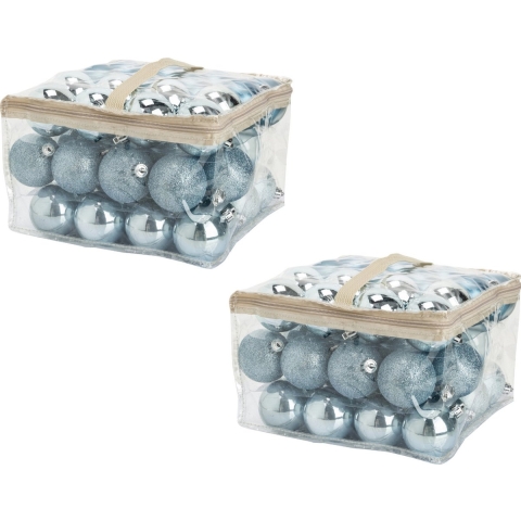 96x stuks kunststof kerstballen ijsblauw 6 cm in opbergtassen/opbergboxen -