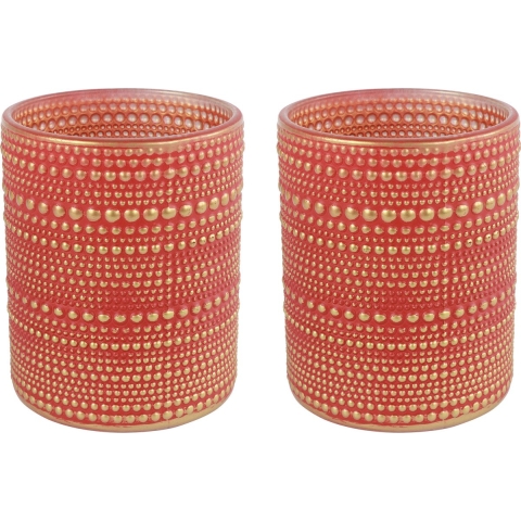 2x stuks luxe theelichthouder/kaarsenhouder - rood/goud - glas - D10 x H12 cm -