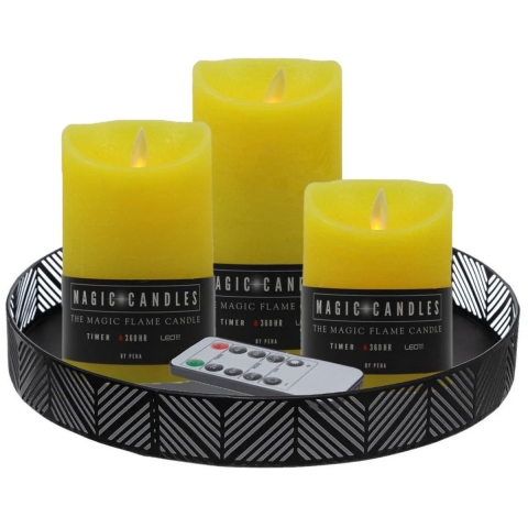 Anna Collection LED kaarsen - 3x stuks - geel - met rond dienblad - kaarsenbord - D29 cm -