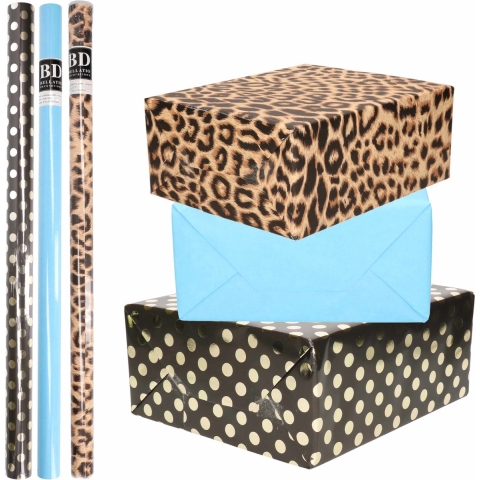 6x Rollen kraft inpakpapier/folie pakket - panterprint/blauw/zwart met gouden stippen 200 x 70 cm -