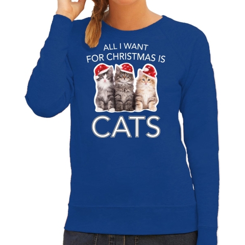 Kitten Kerst sweater / outfit All I want for Christmas is cats blauw voor dames L -