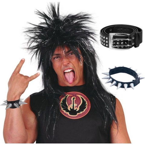 Carnaval verkleed setje heren punker - wilde haren pruik - spikes ketting/armband - riem met studs -