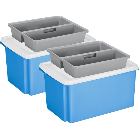 Sunware 2x opslagbox kunststof 51 liter blauw 59 x 39 x 29 cm met deksel en organiser tray -