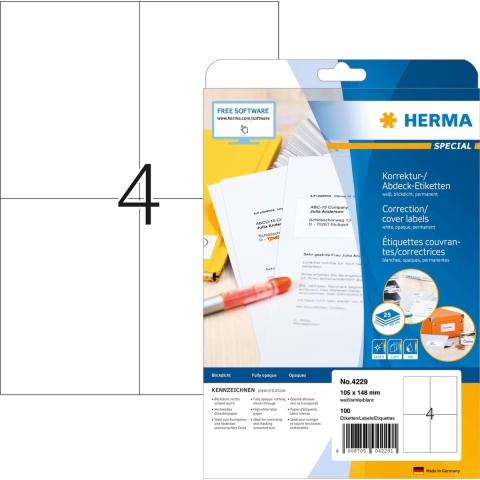Herma 4229 Correctie-etiketten 105 x 148 mm Papier, mat Wit 100 stuk(s) Permanent hechtend Laser (zwart/wit), Kopiëren (zwart/wit), Laser (kleur), Kopiëren