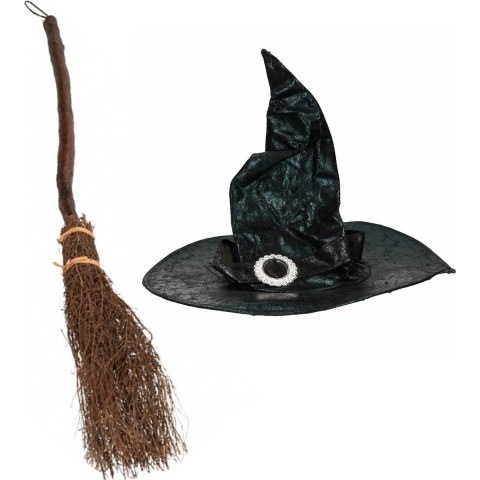 Heksen verkleed set dames heksenhoed met bezem -