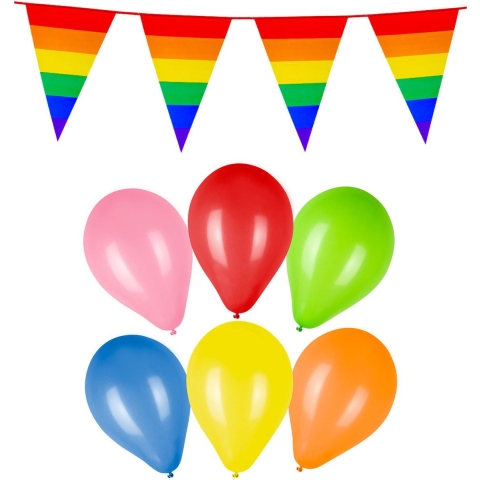 Boland Regenboog vlaggen en ballonnen set - 50 ballonnen - 8M vlaggenlijn -