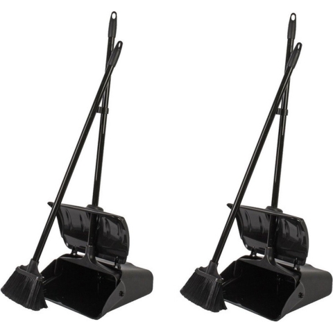 2x Luxe stoffer en blik zwart met lange steel 108 x 34 x 18 cm -