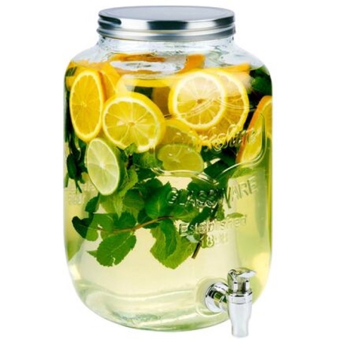 Drank/water/sap dispenser Beverages - 8 Liter - bewerkt deco glas - tapkraan/deksel zilver -