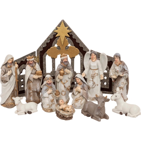 Complete kerststal - met 11 beelden - 19 x 13 x 25 cm - MDF/polyresin - Kerstmis decoratie -
