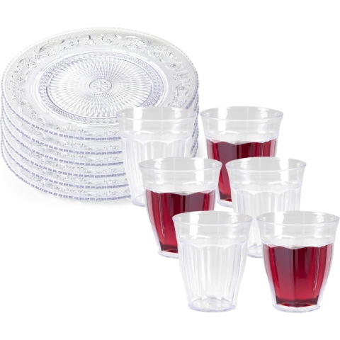 Servies van kunststof - 6x dinerborden en 6x drinkbekers - transparant -