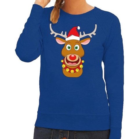 Foute kersttrui rendier Rudolf met rode kerstmuts blauw dames XS (34) -