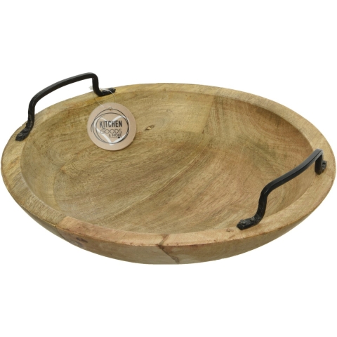Decoris serveerschaal - fruitschaal - rond - mangohout - 29 x 10 cm - met handvatten -