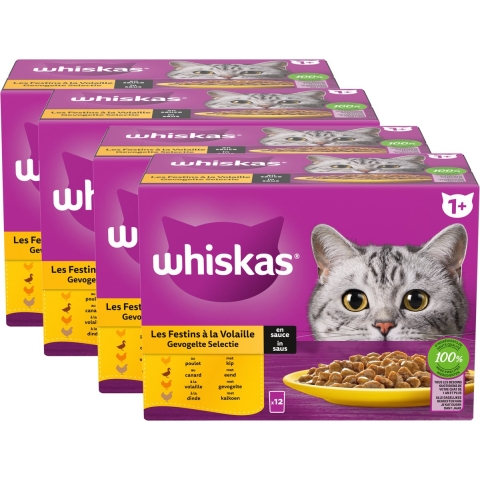 4x Whiskas Kattenvoer Nat Pouch 1+ Adult Saus Gevogelte Selectie 12 x 85 gr