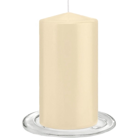 Trend Candles - Stompkaarsen met glazen onderzetters set van 2x stuks - creme wit 8 x 15 cm -