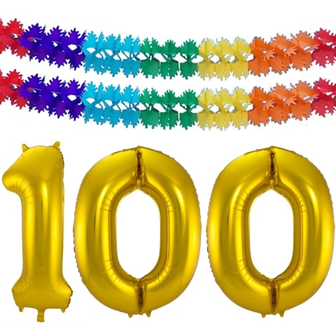Folie ballonnen - Leeftijd cijfer 100 - goud - 86 cm - en 2x feestslingers - verjaardag versiering -