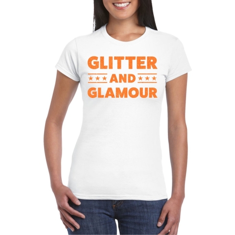 Verkleed T-shirt voor dames - glitter and glamour - wit - oranje glitter - carnaval/themafeest M -