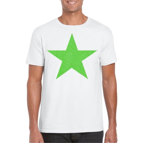 Verkleed T-shirt voor heren - ster - wit - groen glitter - carnaval/themafeest M -